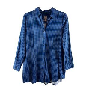 Chico's Houndstooth Collared Button Up 3/4 Sleeve Tunic Blouse Large Size 2 Blue